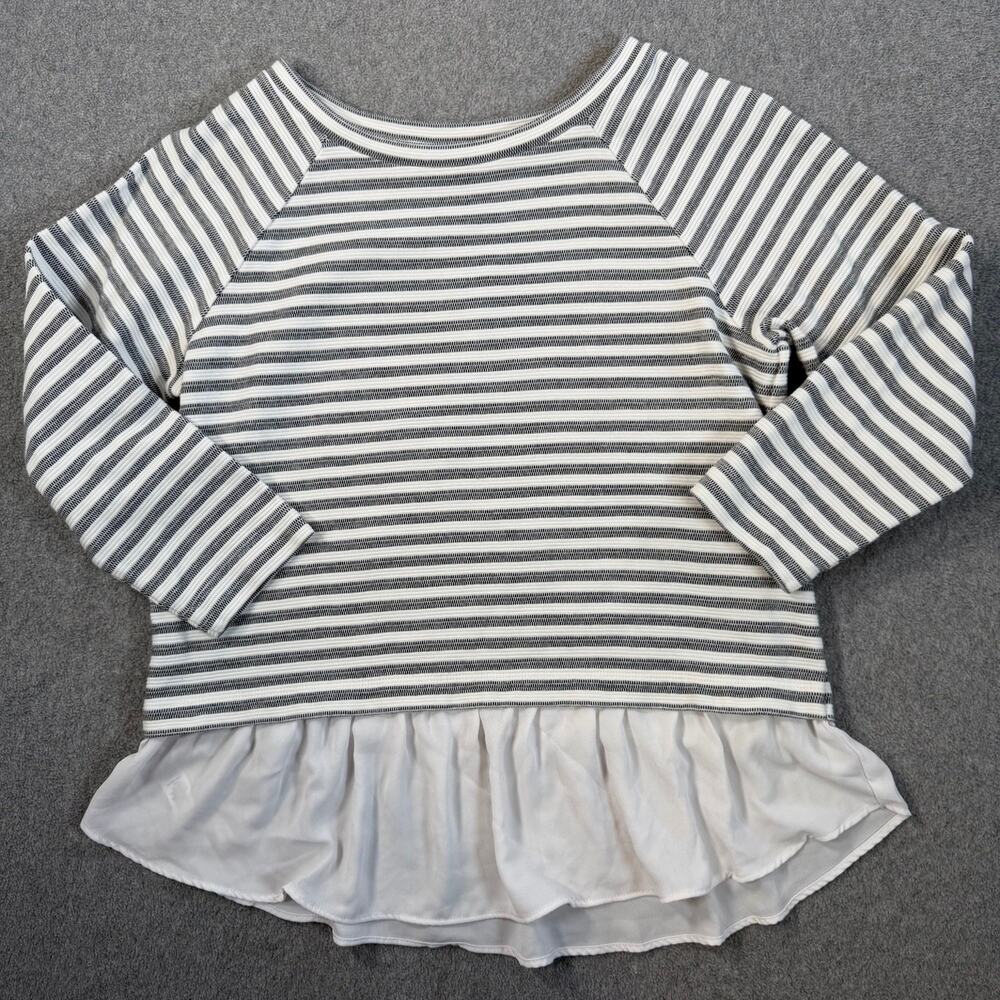 LOFT Women's XS Striped Layered Peplum Raglan 3/4 Sleeve Top Shirt White Gray